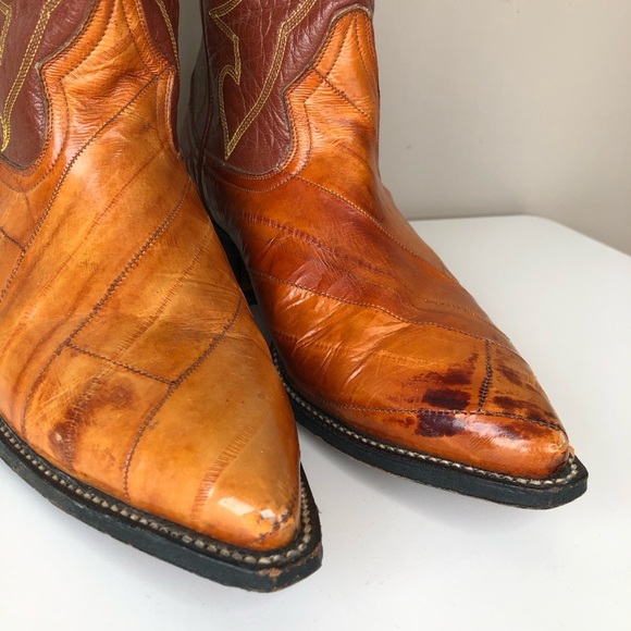 Vintage Sergey Cabrini Exotic EEL Cognac Brown Leather Western Cowboy Boots - Picture 4 of 15